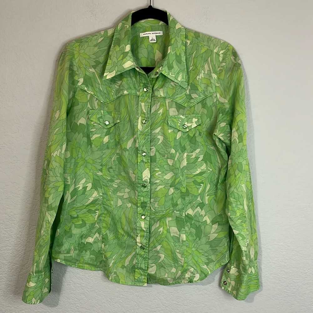 Banana Republic Green Lead Print Snap Front Cotton Shirt L